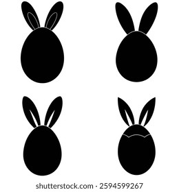 A set of four solid black Easter egg silhouettes adorned with decorative bunny ears.