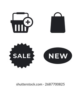 Set of four solid icons for retail and product status.