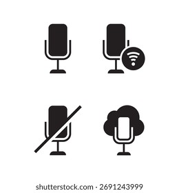 Un conjunto de cuatro iconos de micrófono de estilo sólido que muestran estados como silencio, almacenamiento en la nube, señal inalámbrica y comunicación general.