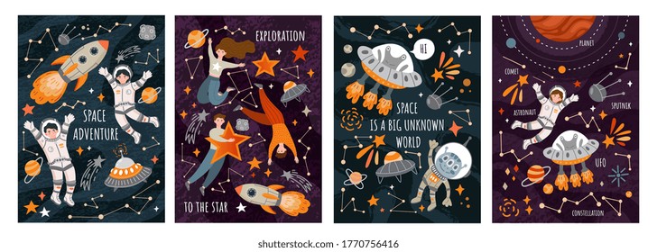 Set of four Space Exploration poster designs with rockets, spaceships, aliens, astronauts and the constellations with assorted text, colored vector illustration