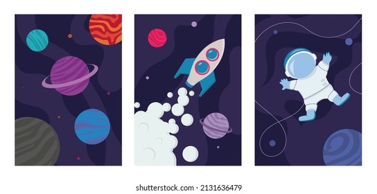 Set of four Space Exploration poster designs with rockets, spaceships, aliens, astronauts and the constellations with assorted text, colored vector illustration