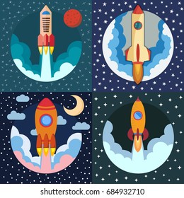 Set of four space rocket ships. Space launch. Project startup and development process concept. The rocket flies upwards.
