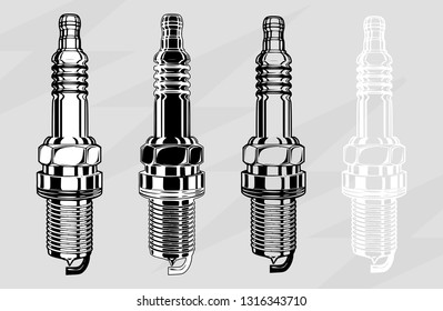 set of four spark plug in different monochrome design isolated on grey background vector 