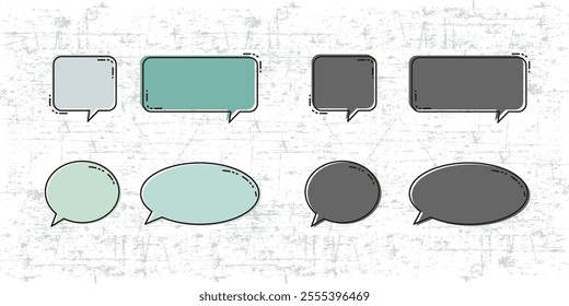 A set of four speech bubble icons in various shapes and sizes, with a light green color scheme