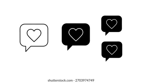 A set of four speech bubble icons, each containing a stylized heart symbol, presented in both outline and solid fill formats.