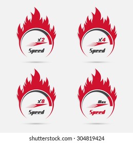Set of four speedometer scale. Concept of speed and acceleration. Automobile subject. Car theme. Global communications. Vector element of graphic design