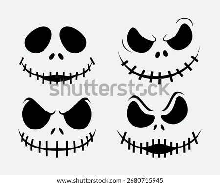 Set of four spooky stitched skull faces in black and white, featuring creepy Halloween expressions inspired by Jack Skellington style.