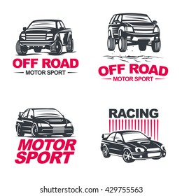 Set of four sport cars logo, badge illustration on white background. Drag racing, Tuning, Motor Sport. EPS 10 svg