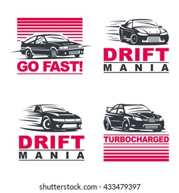 Set of four sport cars logo, badge illustration on white background.Drift, Drag racing, Tuning, Motor Sport. EPS 10