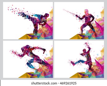 Set Of Four Sports Poster, Banner Or Flyer, Creative Illustration Of Runner, Fencing Player And Martial Art Player Made By Colorful Abstract Design.