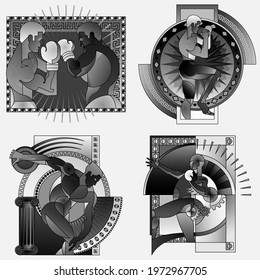 Set of four sports posters, banners or flyers, creative illustrations of athletes, weightlifters, martial artists, swimmers and others. Made using abstract design in black and white style.