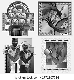 Set of four sports posters, banners or flyers, creative illustrations of athletes, weightlifters, martial artists, swimmers and others. Made using abstract design in black and white style.