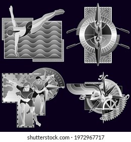 Set of four sports posters, banners or flyers, creative illustrations of athletes, weightlifters, martial artists, swimmers and others. Made using abstract design in black and white style.