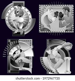 Set of four sports posters, banners or flyers, creative illustrations of athletes, weightlifters, martial artists, swimmers and others. Made using abstract design in black and white style.