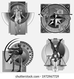 Set of four sports posters, banners or flyers, creative illustrations of athletes, weightlifters, martial artists, swimmers and others. Made using abstract design in black and white style.