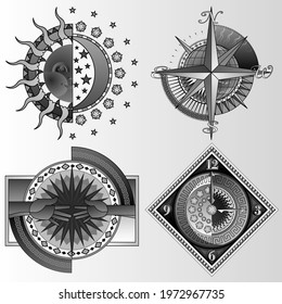 Set of four sports posters, banners or flyers, creative illustrations of athletes, weightlifters, martial artists, swimmers and others. Made using abstract design in black and white style.