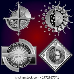 Set of four sports posters, banners or flyers, creative illustrations of athletes, weightlifters, martial artists, swimmers and others. Made using abstract design in black and white style.