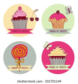 Set of four spot graphics elements: cupcakes and lollipop with ribbon and cute decoration. Vector illustration for fabric design, textile, web design, wallpaper, wedding design and etc.