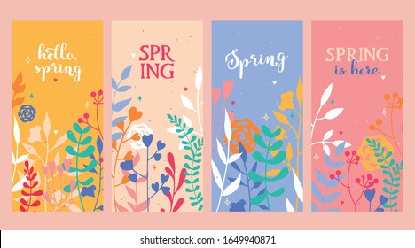 Set of four spring banners decorated with herbs and flowers. Lettering inscription. Vector illustration