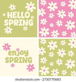 Set of four spring banners with hand-drawn flowers and decorative lettering. Includes designs with “Hello Spring”, “Enjoy Spring”, and two floral pattern banners. Flat vector illustrations in lime green and pink color palette. Clean minimal style suitable for spring-themed design projects. 