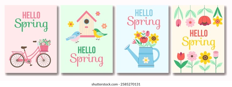 A set of four spring greeting cards with a bicycle, bird, flower vase