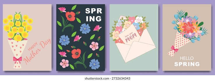 Set of four spring greeting cards with floral bouquets, letter and colorful flowers for holiday celebration