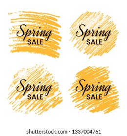 Set of four Spring Sale Banners on Yellow Scribble Smear. Hand drawn Pencil Scribble. Vector illustration.