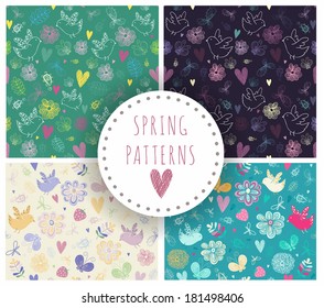 The set of four spring seamless patterns with birds, flowers, butterflies, hearts and swirls. Bright prints for scrapbook, decoration. Cute floral textiles. Hand drawn summer wallpapers. 
