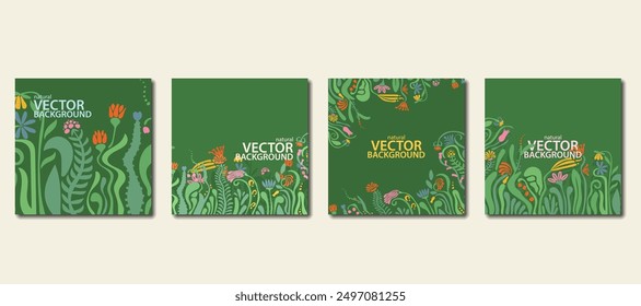 Set of four square abstract floral social media, postcard, poster templates, with flowers and copy space, in modern boho style
