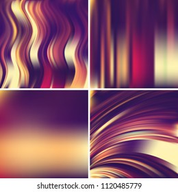 Set of four square backgrounds. Abstract vector illustration of colorful background with blurred light lines. Curved lines. Purple, red, beige colors.