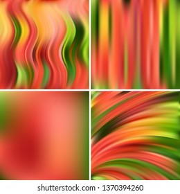 Set of four square backgrounds. Abstract vector illustration of colorful background with blurred light lines. Curved lines. Red, orange, green colors.