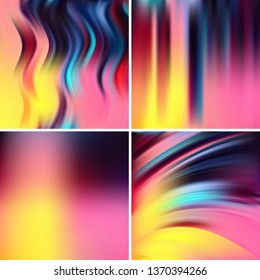 Set of four square backgrounds. Abstract vector illustration of colorful background with blurred light lines. Curved lines. Yellow, blue, pink colors.