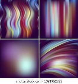 Set of four square backgrounds. Abstract vector illustration of colorful background with blurred light lines. Curved lines. Purple, brown colors.