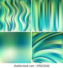Set of four square backgrounds. Abstract vector illustration of colorful background with blurred light lines. Curved lines. Green color. 