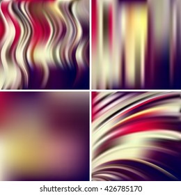 Set of four square backgrounds. Abstract vector illustration of colorful background with blurred light lines. Curved lines. Brown, red, yellow, white colors. 