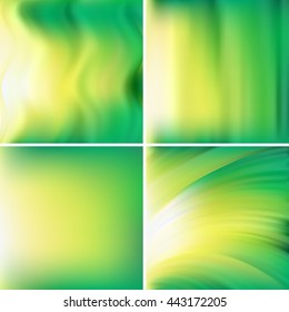 Set of four square backgrounds. Abstract vector illustration of backdrop with blurred light waves. Curved lines. Yellow, green colors. 