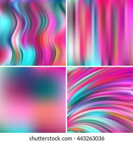 Set of four square backgrounds. Abstract vector illustration of colorful  backdrop  with blurred light waves. Curved lines. Pink, blue colors. 