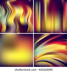 Set of four square backgrounds. Abstract vector illustration of colorful  backdrops  with blurred light waves. Curved lines. Yellow, purple colors. 