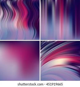 Set of four square backgrounds. Abstract vector illustration of colorful background with blurred light lines. Curved lines. Violet, pink, purple, black colors. 
