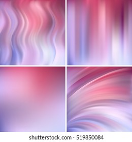 Set of four square backgrounds. Abstract vector illustration of colorful background with blurred light lines. Curved lines. Pink, purple colors