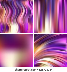 Set of four square backgrounds. Abstract vector illustration of colorful background with blurred light lines. Curved lines. Pink, purple, yellow, white colors. 