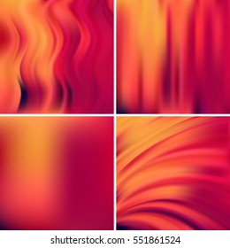 Set of four square backgrounds. Abstract vector illustration of colorful background with blurred light lines. Curved lines. Orange, red colors