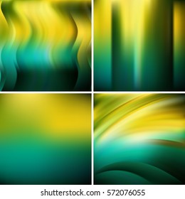 Set of four square backgrounds. Abstract vector illustration of colorful background with blurred light lines. Curved lines. Yellow, green, black colors. 