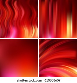 Set of four square backgrounds. Abstract vector illustration of red  background with blurred light lines. Curved lines.