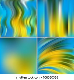 Set of four square backgrounds. Abstract vector illustration of colorful background with blurred light lines. Curved lines. Blue, green, yellow colors.