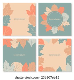 Set of four square backgrounds with botanical elements. Minimalism with leaves in design of poster, cover, postcard, invitation, social media post.