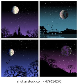 Set of four square backgrounds with silhouettes night landscapes and the moon. Trees, shrubs, houses and bridge on sky background. Vector illustration.