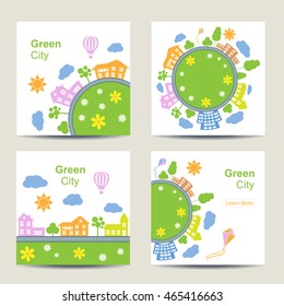 Set of four square card templates vector illustration. Silhouette of city around circle with building and road. Town landscape