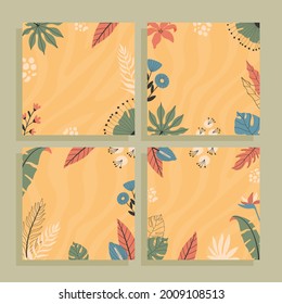 Set of four square cards with empty space for text. Floral cards concept with hand drawn tropical illustrations.