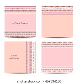 Set of four square cards with ethnic design. Stylish geometric colorful backgrounds. Templates for invitations, postcards with ornaments. Vector illustration.